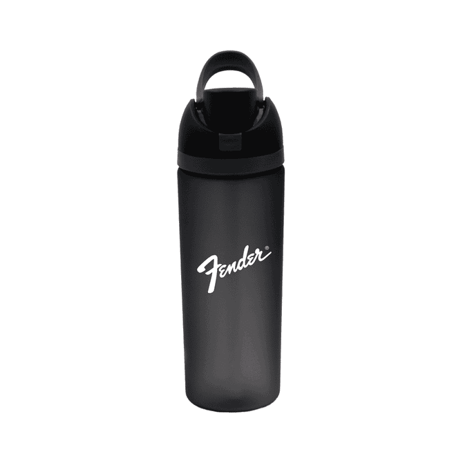A drink bottle in black with a handle and a logo, featuring a sleek, contemporary design.