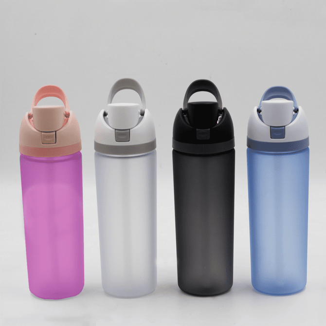 A drink bottle collection featuring pink, grey, black, and blue colours, each with a flip-top lid and handle.