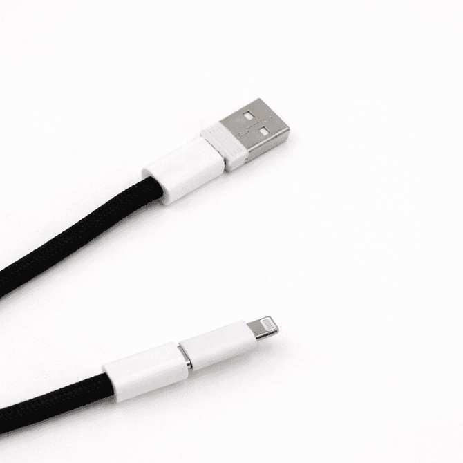 A black charging lanyard with white connectors at both ends, featuring a USB and a Lightning connector.