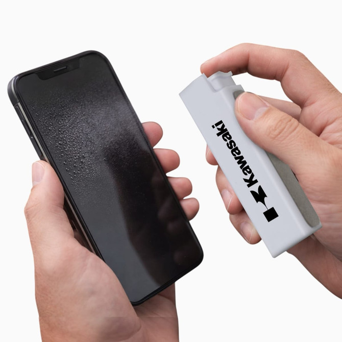 A phone cleaning device in grey next to a wet smartphone screen, featuring a logo. 