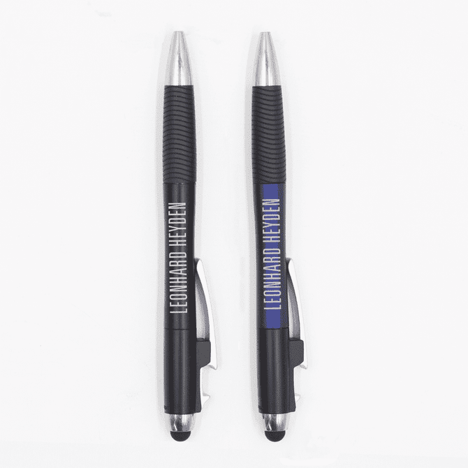 A pair of black pens with silver accents and branding, featuring rubber grips and stylus ends.