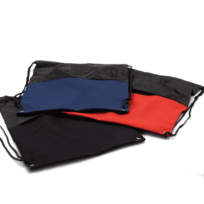 A collection of three drawstring bags in black, red, and blue, featuring adjustable cords and a logo.