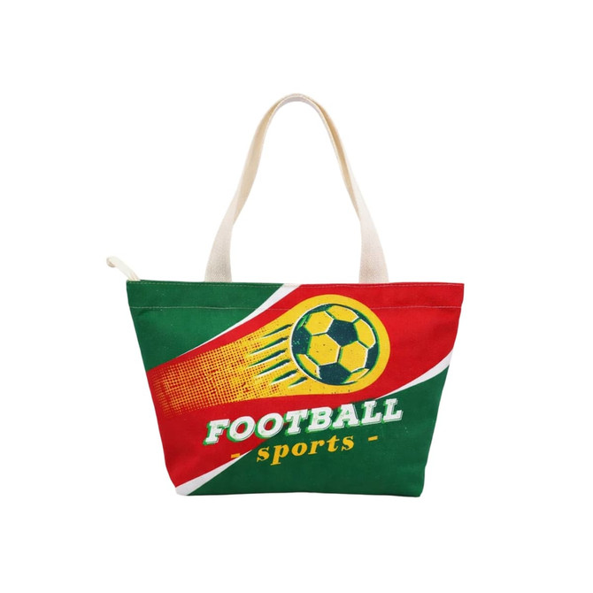 A full-colour tote bag featuring a football graphic, predominantly green and red, with cream handles and a logo.