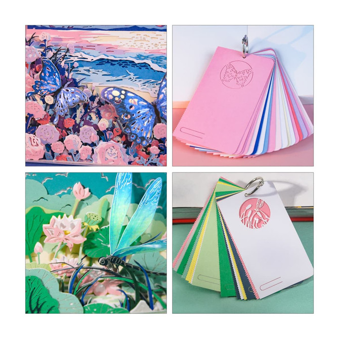 A 3D paper-cut sculpture notepad with a hanging loop; features vibrant colours and intricate designs.