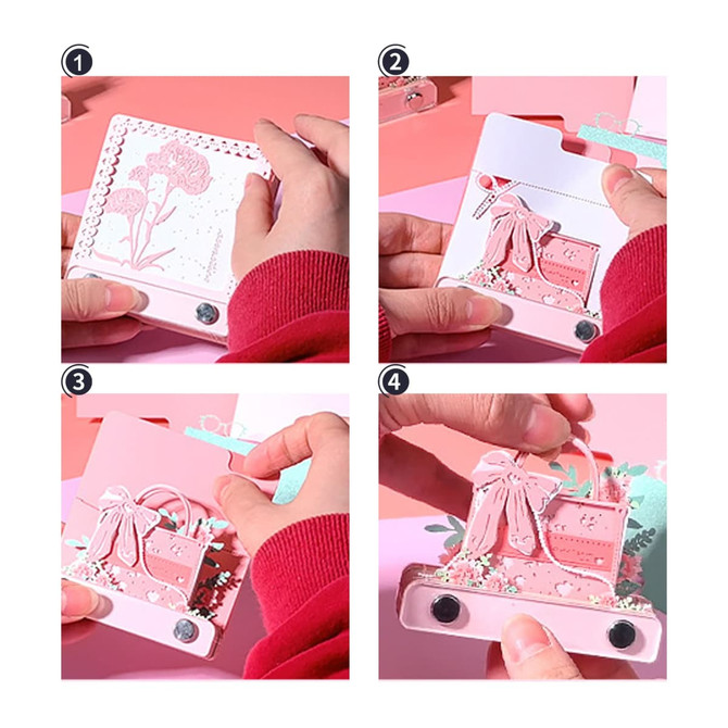 A pink notepad shaped like a handbag features floral designs and a decorative bow, showcasing various stages of use.