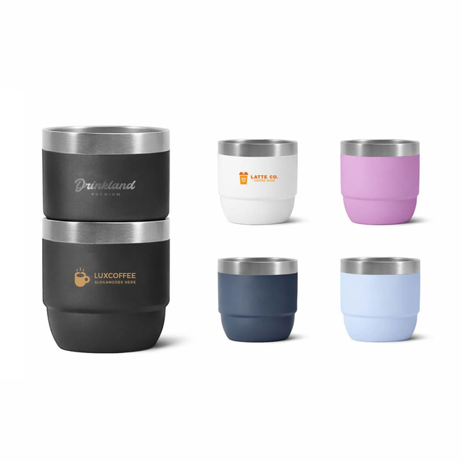 A stackable stainless steel tumbler set in black, white, pink, navy, and light blue with logos on some tumblers.