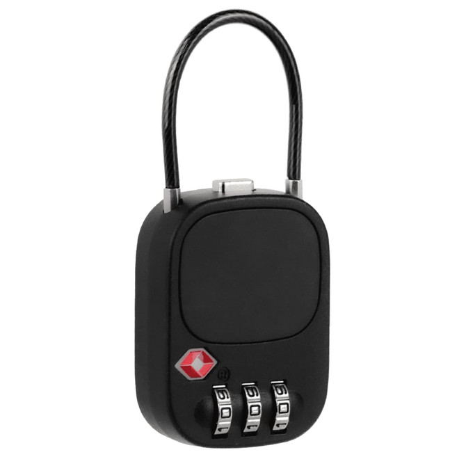 A black TSA-approved padlock featuring a combination dial and a flexible shackle, with a logo on the front.