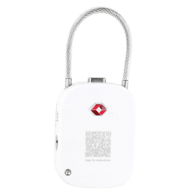 A white TSA lock with a silver cable and a small logo on the front, designed for secure travel.