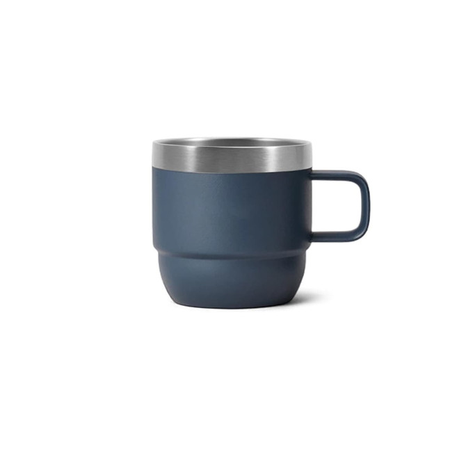 A stackable stainless steel mug in navy blue with a silver rim and a side handle. It has a sleek, modern design.