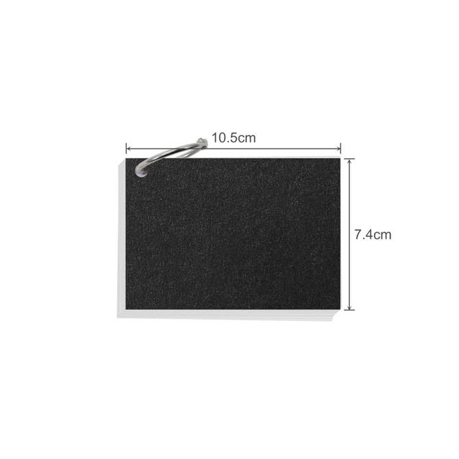 A set of black A7 index cards with a metal ring, measuring 10.5 cm by 7.4 cm.