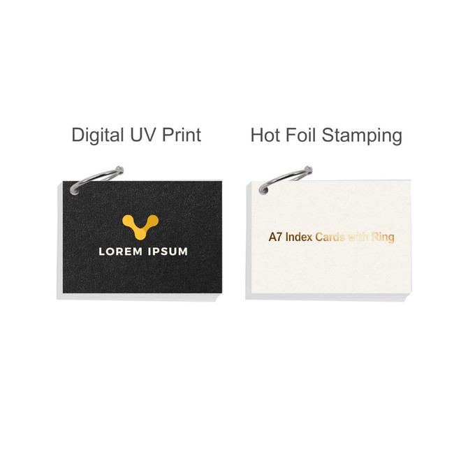 A7 pearlescent index cards with a ring, featuring a white and black colour scheme, and a branding logo.