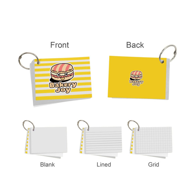 A7 index cards on a ring, featuring a yellow and white striped design with a burger illustration. Includes blank, lined, and grid options.