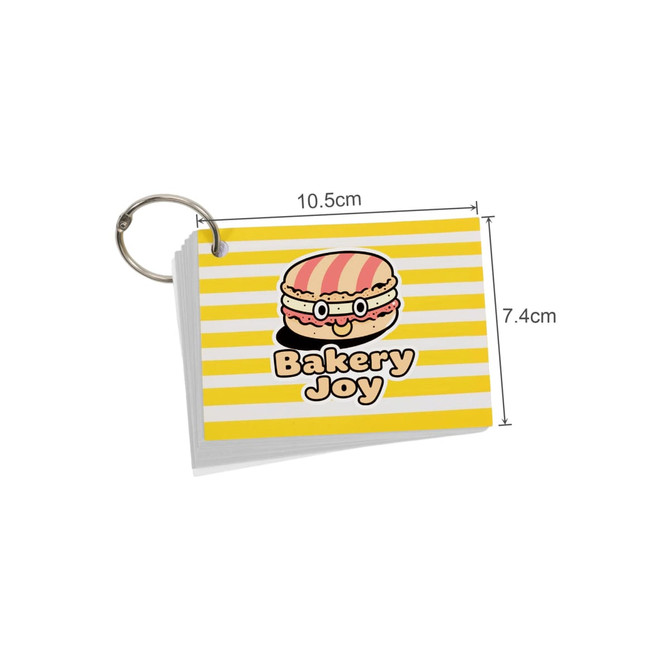 A7 index cards with a yellow striped design and a cartoon burger, featuring a ring for easy organisation.