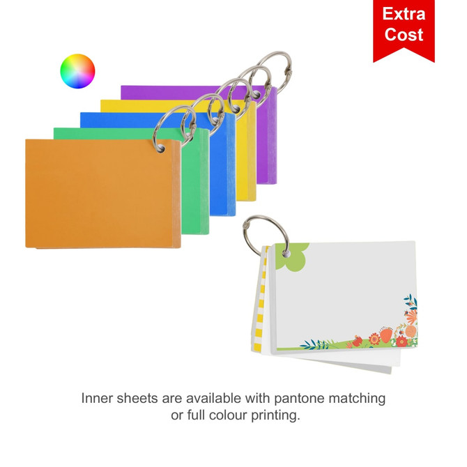 A7 index cards in various colours—orange, purple, green, blue, yellow—secured with a metal ring and floral-patterned card.