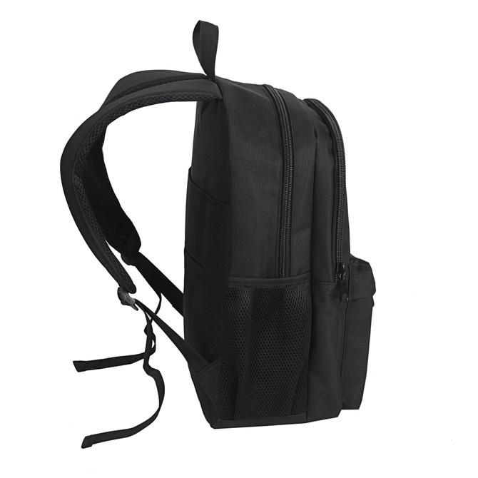 A black backpack with multiple compartments, a mesh pocket, and padded straps, featuring a logo.