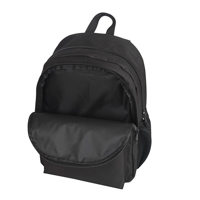 A black Field Backpack featuring multiple zip compartments and a front pouch, with a logo visible.