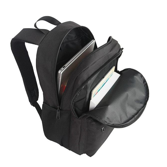 A black backpack with multiple compartments, including space for a laptop and documents. It features a logo.