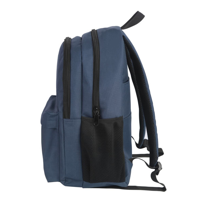 A navy blue backpack featuring multiple compartments and a side mesh pocket. It has adjustable straps and a logo.