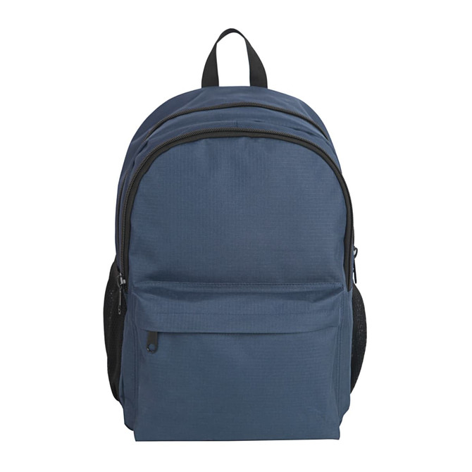 A navy blue backpack with a front pocket and black accents, featuring a logo on the front.