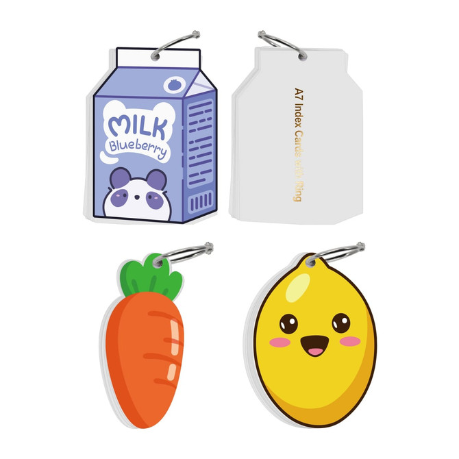 Custom shape index cards featuring a milk carton, carrot, and smiling lemon, all attached with a metal ring.
