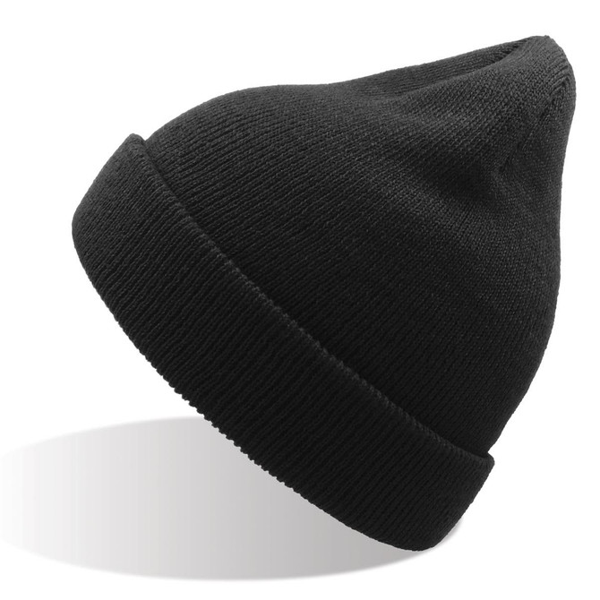 A black beanie made from recycled polyester, featuring a ribbed cuff and a pointed top.