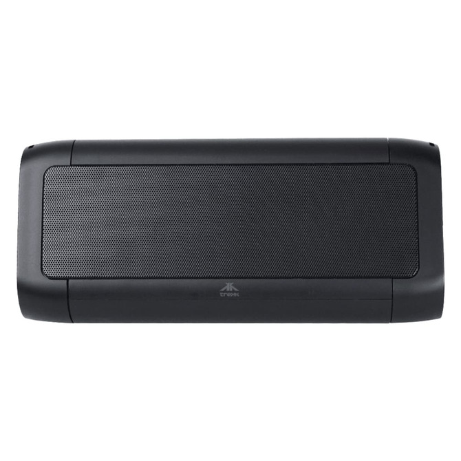 A black outdoor speaker and wireless power bank with a textured front surface and rounded edges. It features a logo.