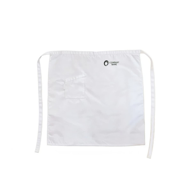 A white half apron made of 100% polyester with a pocket and a logo.