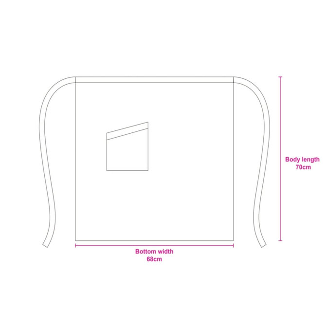 A diagram of a 100% polyester half apron in white with a single pocket, featuring measurements.