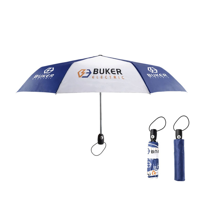 A 21'' automatic open and close umbrella in blue and white, featuring a logo and a compact design for easy carrying.