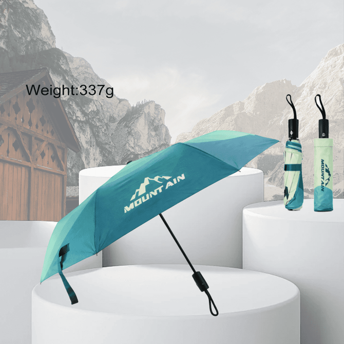 A turquoise and green 21'' automatic compact folding umbrella, featuring a logo and a matching carrying case.
