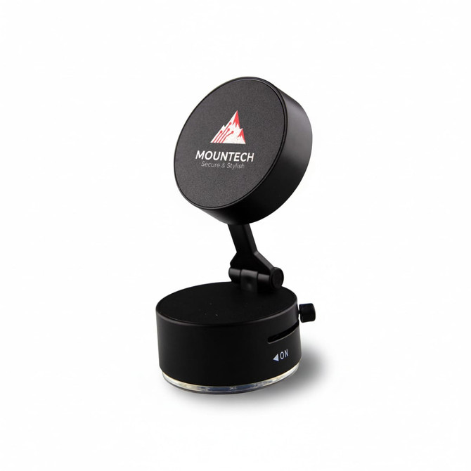 A black adjustable magnetic mobile stand with a round top and a base featuring a logo.