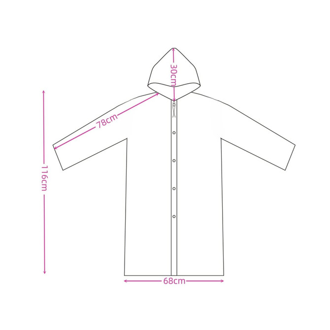 A hooded, reusable adult raincoat in a simple design, illustrated with dimensions in pink.
