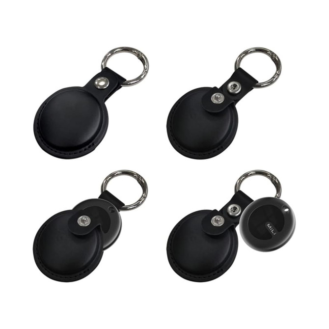 A set of black tracking tags with keyring attachments, featuring a PU case and rounded design.