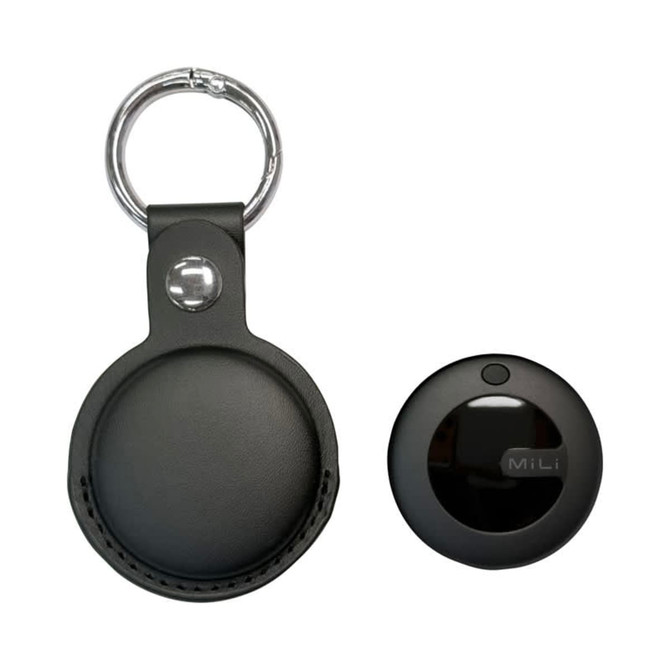 A black tracking tag with a PU case and a metal keyring attached, featuring a logo.