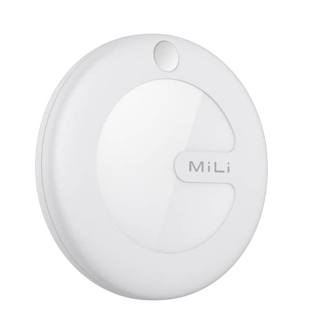 A white MiTag Duo Global Tracking Tag, circular in shape, with a glossy surface and a logo.