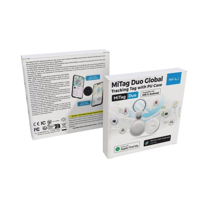 A product box of the MiTag Duo Global Tracking Tag, featuring a white and grey design with a logo.