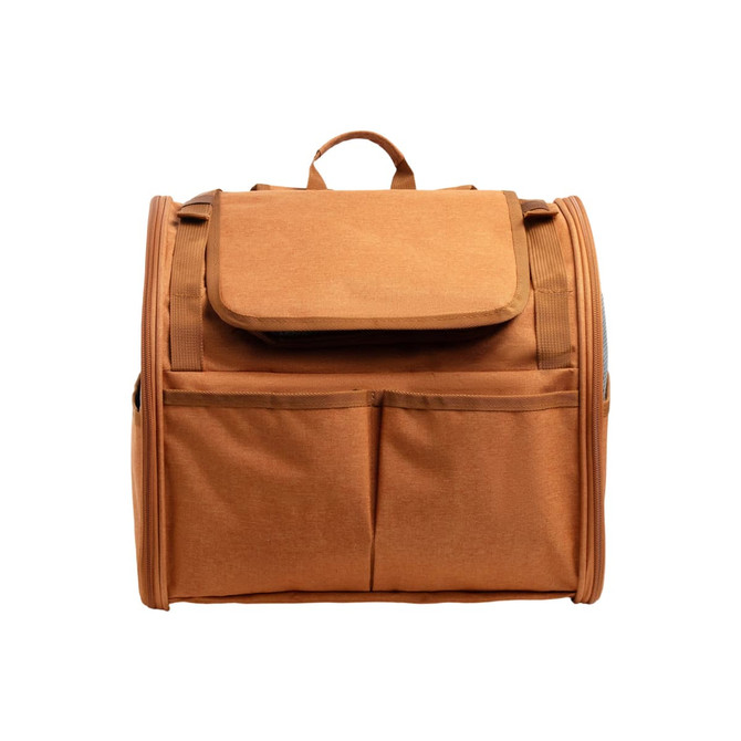A pet backpack carrier in a warm brown colour featuring an expandable design and multiple front pockets.
