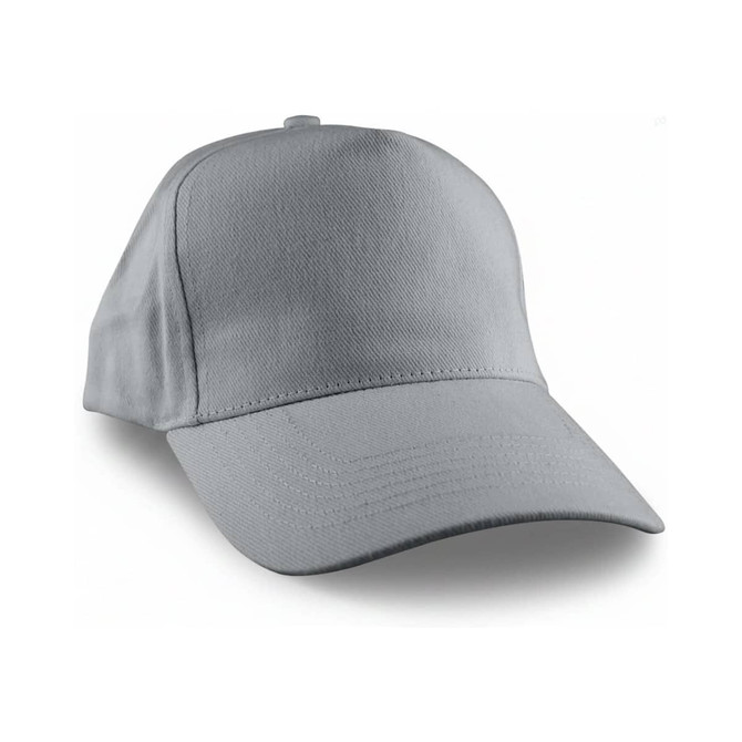 A grey cap with a curved brim and a structured front, featuring a logo on the side.