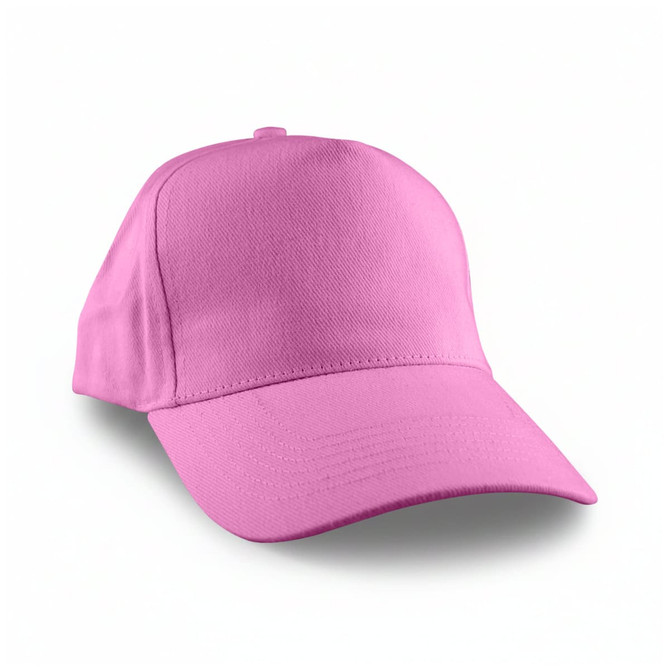 A pink cap with a structured crown and curved brim, featuring a blank front panel and a logo placement.