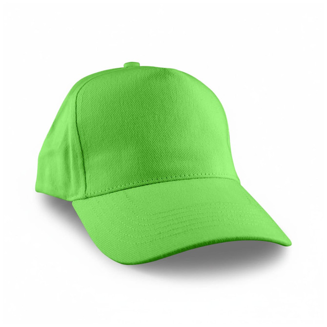 A bright green cap with a structured design and a curved brim. It features a logo on the front.