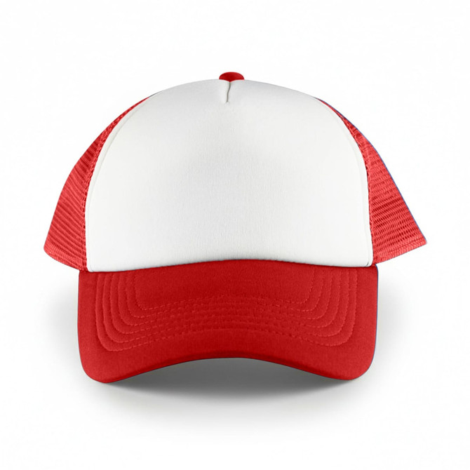A white front trucker cap with red mesh sides and a red visor. It features a logo on the front.