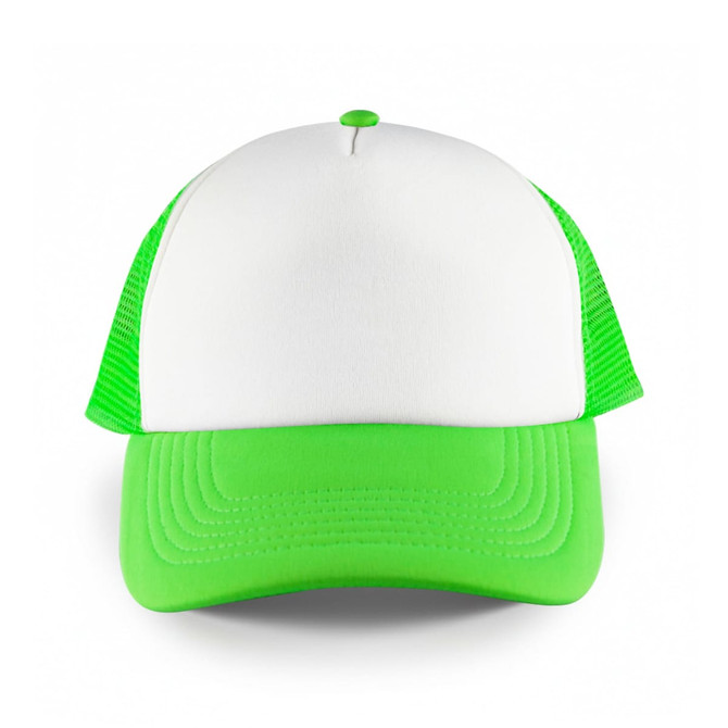 A trucker mesh cap featuring a white front and bright green visor and mesh sides, with a logo on the front.