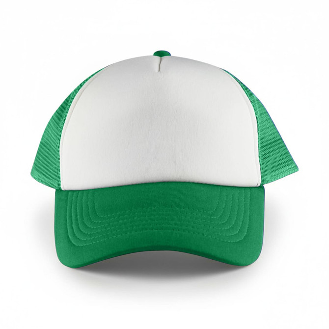 A green and white trucker cap featuring a solid front panel and mesh sides, complete with a logo.