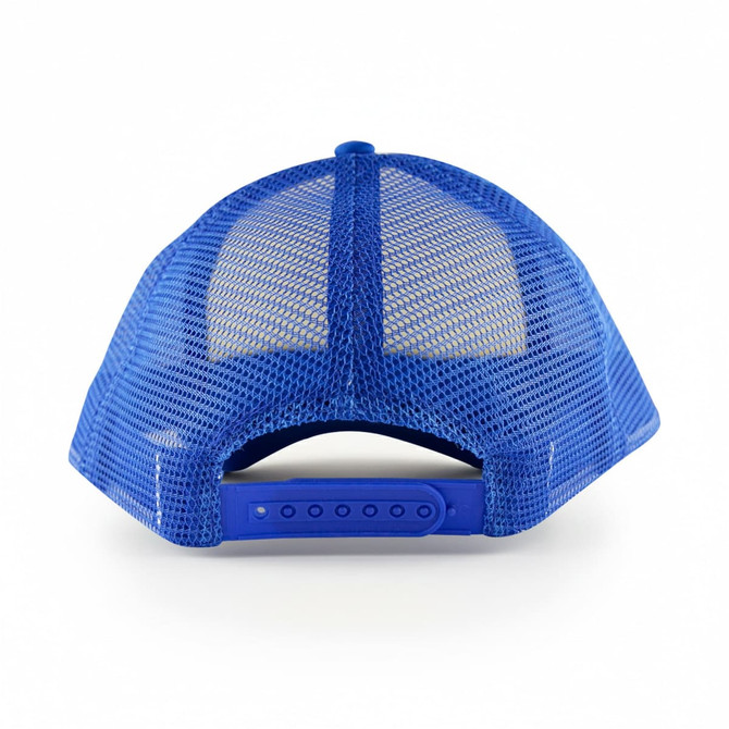 A blue trucker cap with a mesh back and an adjustable strap at the rear, featuring a logo.