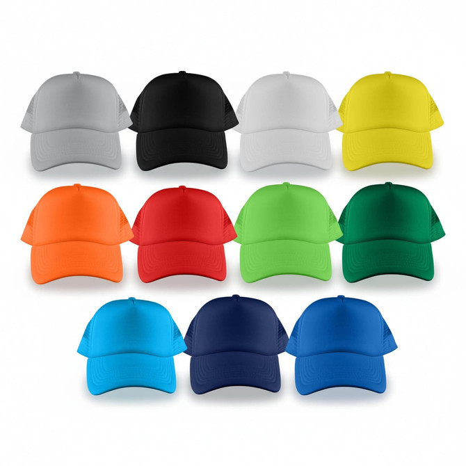 A collection of Classic 5 Panel Trucker Mesh Caps in various colours: grey, black, white, yellow, red, orange, green, navy, and blue.