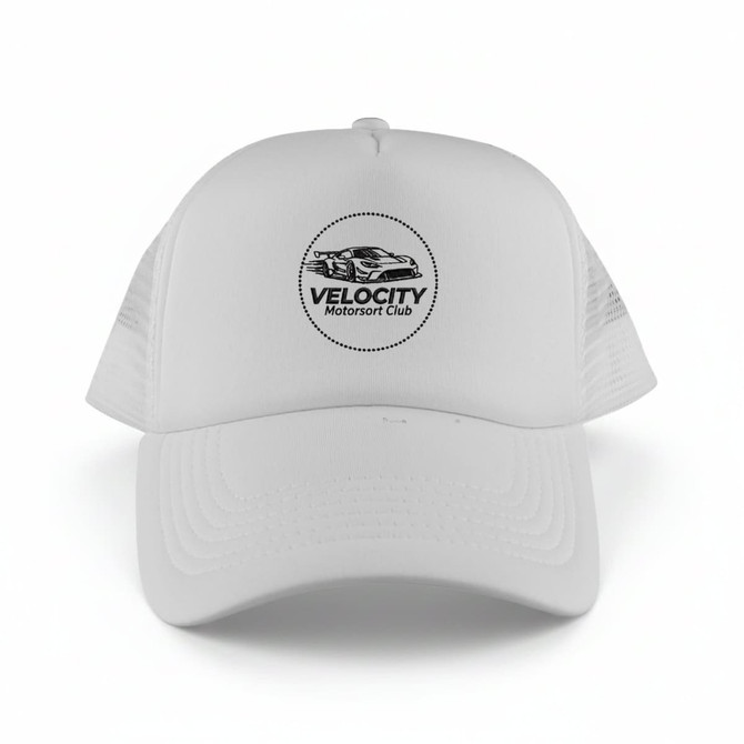 A white classic 5 panel trucker mesh cap featuring a logo on the front. The back is made of mesh fabric.