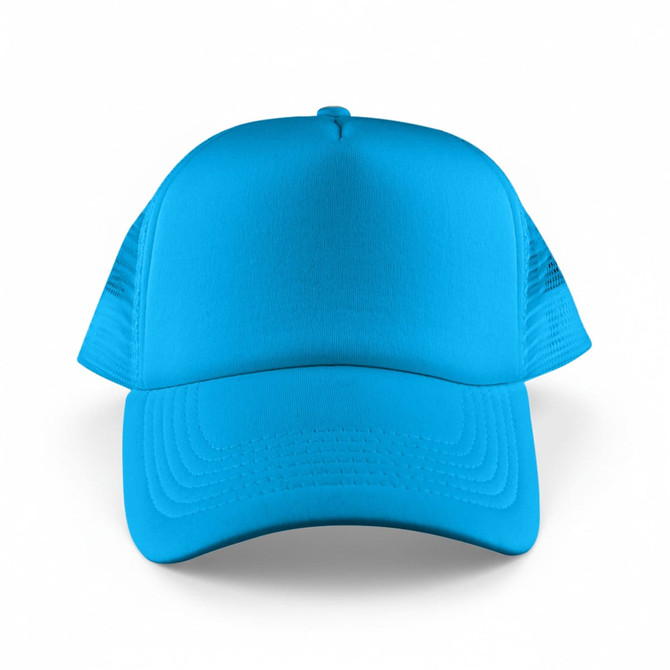 A bright blue five-panel trucker cap featuring a solid front and mesh sides, with a logo present.