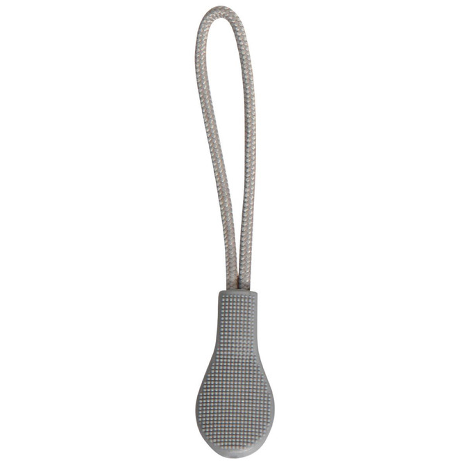 A grey zip puller with a textured grip and a looped cord for easy handling.