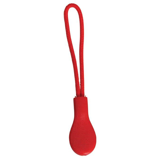 A red zip puller with a textured grip and a loop for easy handling. Suitable for jackets and other clothing accessories.