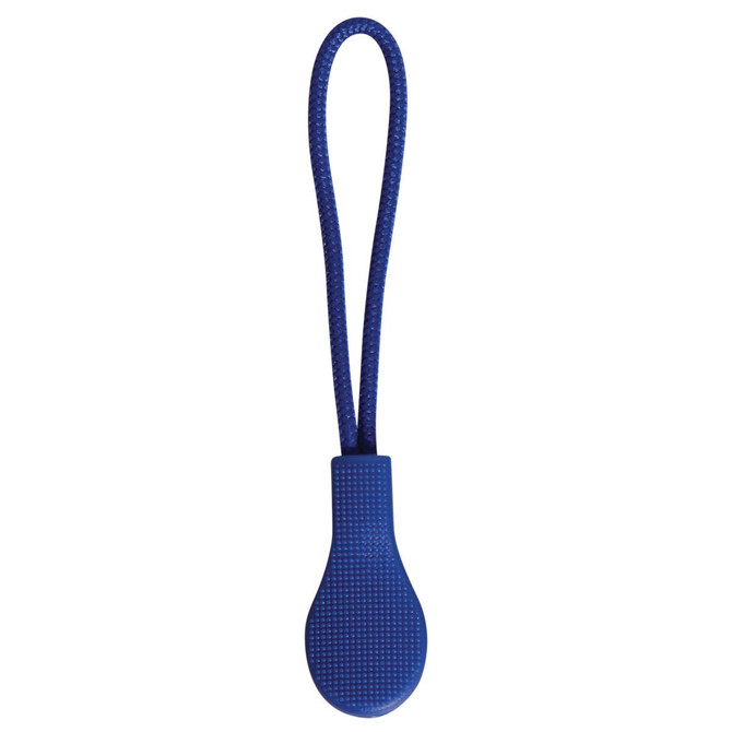 A blue zip puller with a textured grip, featuring a looped handle for easy use.